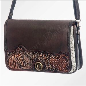 American Darling Horse Tooled Leather Crossbody Bag - Genuine Brown Leather